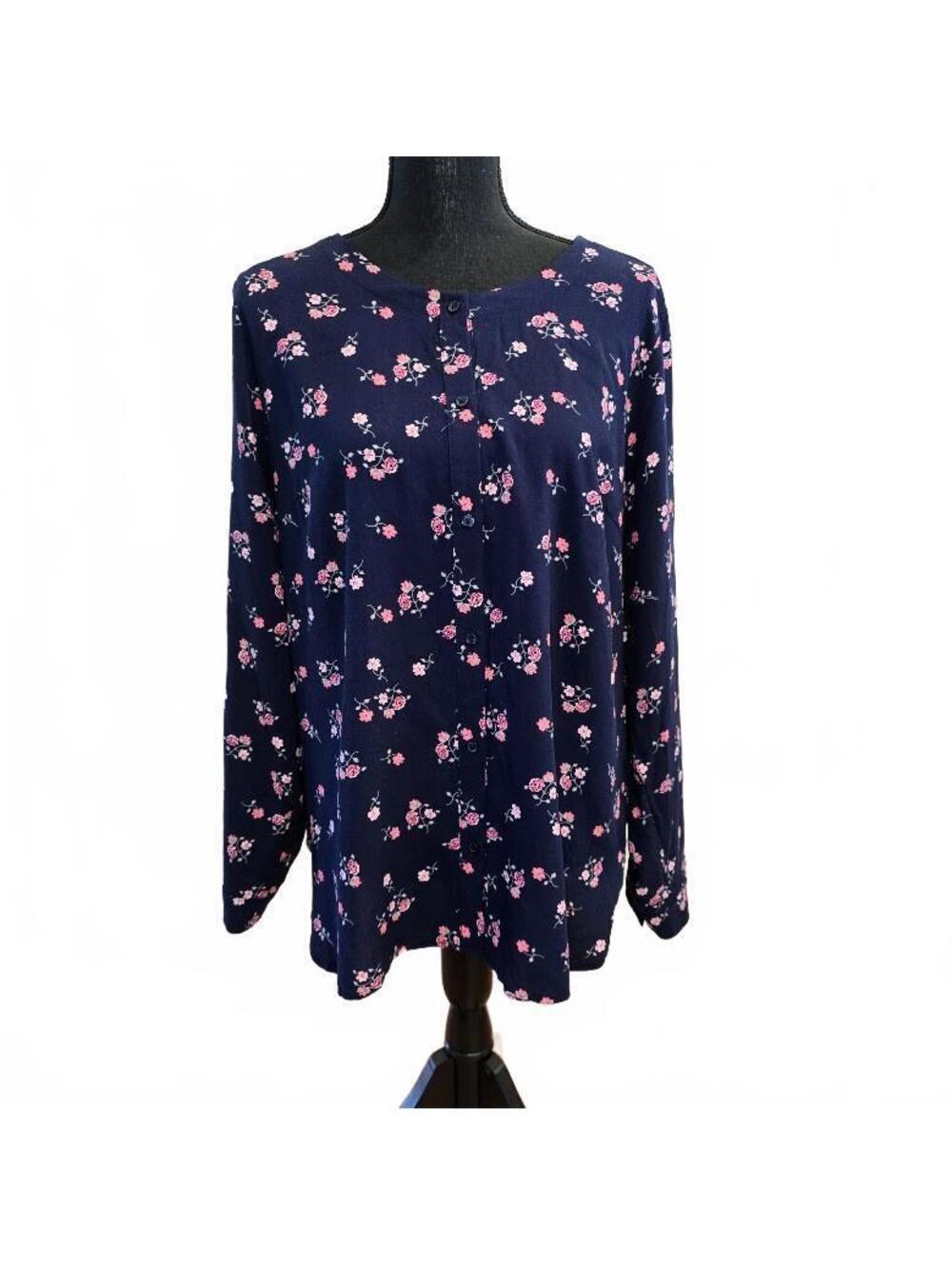Basic Editions Floral Roll Tab Button Blouse Navy Womens XL